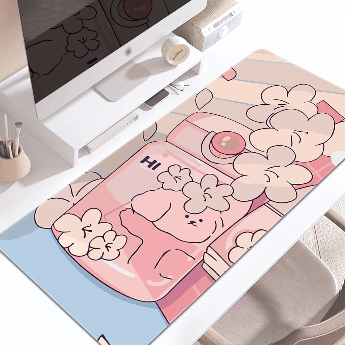 1pc Pink Flowers Bear And Glassbottle Mouse Pad Multi-Size Non-Slip Stitched Edge Computer Keyboard Desk Mat For Office And Gift