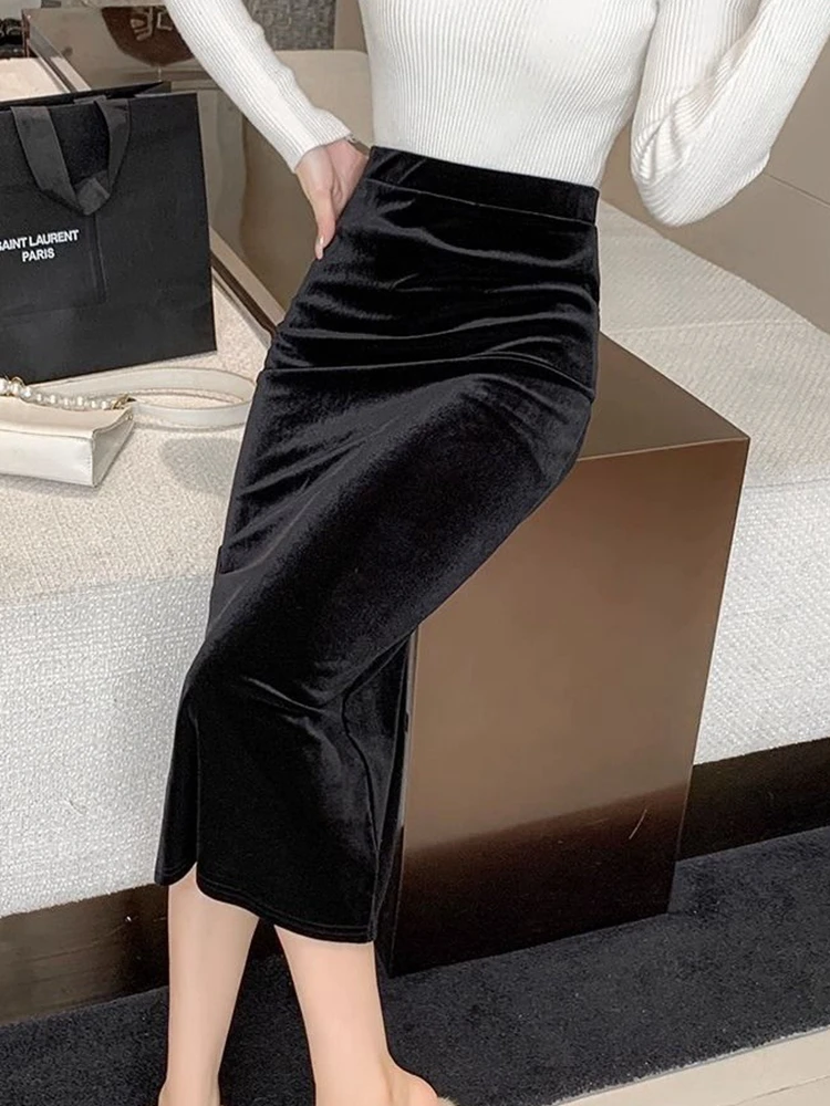 Elegant Velvet Black Long Skirts Women Autumn Winter High Waist Faldas Korean Fahion Clothing Office Ladies Bodycon Midi Skirt