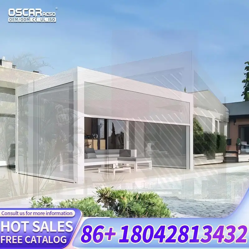 Waterproof Aluminum Gazebo with Bioclimatic Features and Optional LED Glass Door for Balcony Patio Garden pergola
