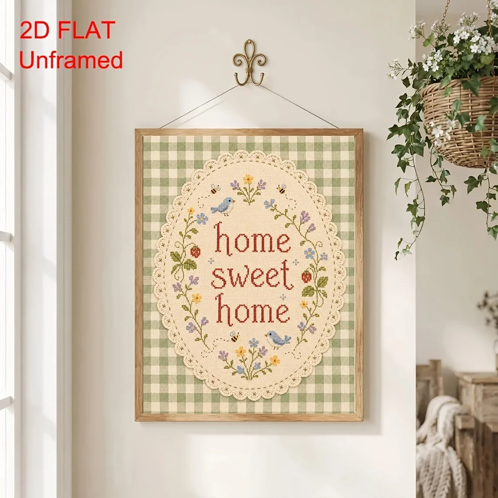 2027,2D FLAT 1pc Unframed Home Sweet Home Canvas Poster Cozy Green Gingham Floral Positive Quote Wall Art Print Entryway Hall