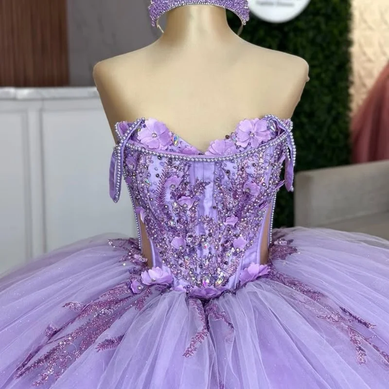 

Customized Lavender Purple Quinceanera Dresses Off the Shoulder crystal applique Lace 3D flower Long tail Vestido 15 Quinceanera