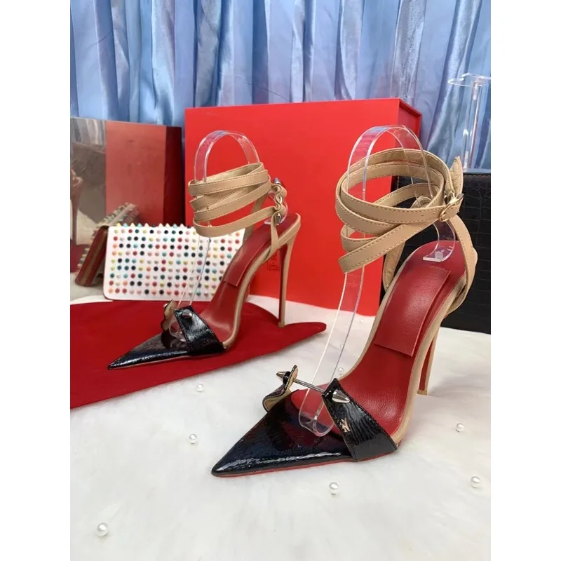 

Real shot splicing black matte pointed toe exposed toe hollow ankle strap sexy versatile slim heel women's high-heeled sandals