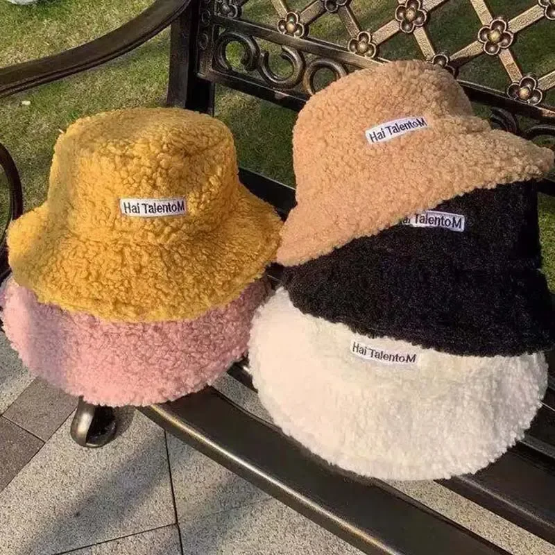 NEW Lamb Wool Bucket Hat Winter Warm Letter Hats For Women Lady Thicken Flat Top Cap colors solid Panama Outdoor Fisherman Caps