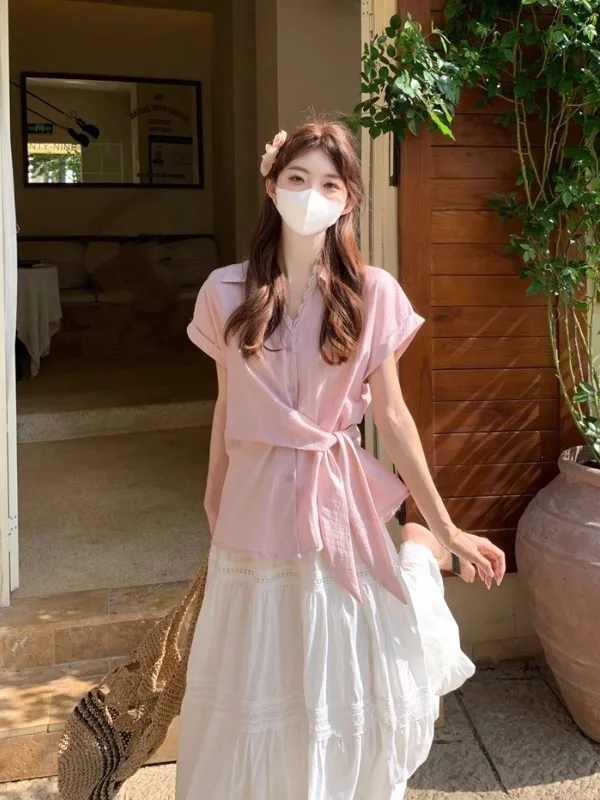 

Korean Style Sweet Lace Splice Short Sleeve Shirt Women's Summer Waist Cinch Tie Top Unique Upper Body Fashion Ladies' Shirt