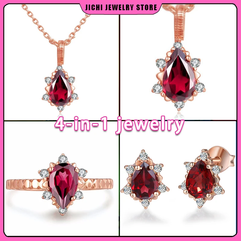 

S925 Sterling Silver Premium Elegant New Drop garnet Ring Earrings Pendant Necklace 4-in-1 Delicate Memorial Jewelry for girls