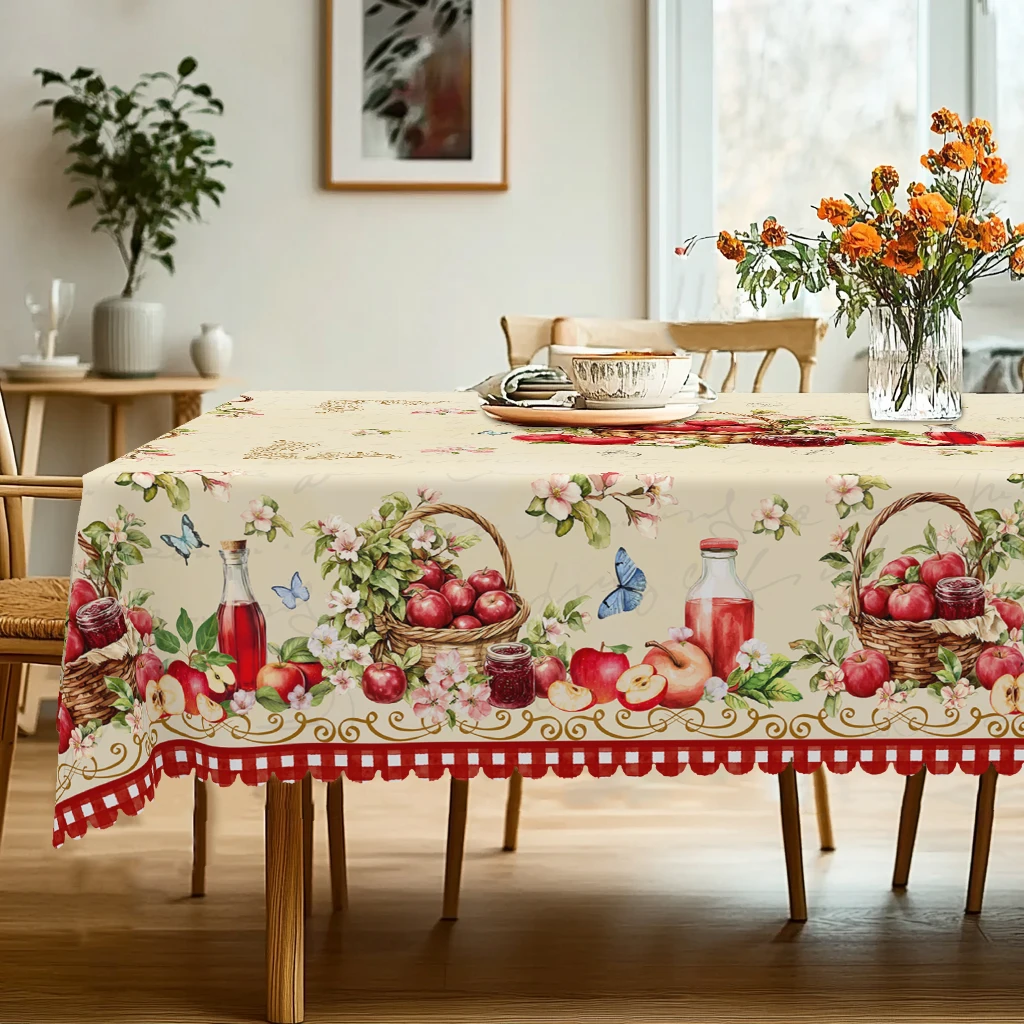 1 Piece of Vintage Apple Basket Round and Rectangular Tablecloth, Available in Various Sizes, with Watercolor Apple Blue and Ribbon Patterns, Floral Embellishments, and Embossed Edges, Suitable for Everyday Garden Table Decoration, for Everyday Use in Home Kitchens, Patios, and as Spring and Summer Home Decor