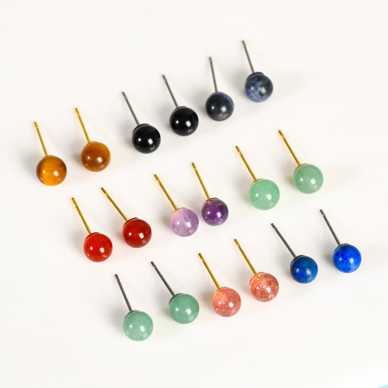 10 pairs 6mm Stud Healing Natural Stone Agates Quartz Round Ball Beads Earrings Fashion Ear Jewlry for Women Girl