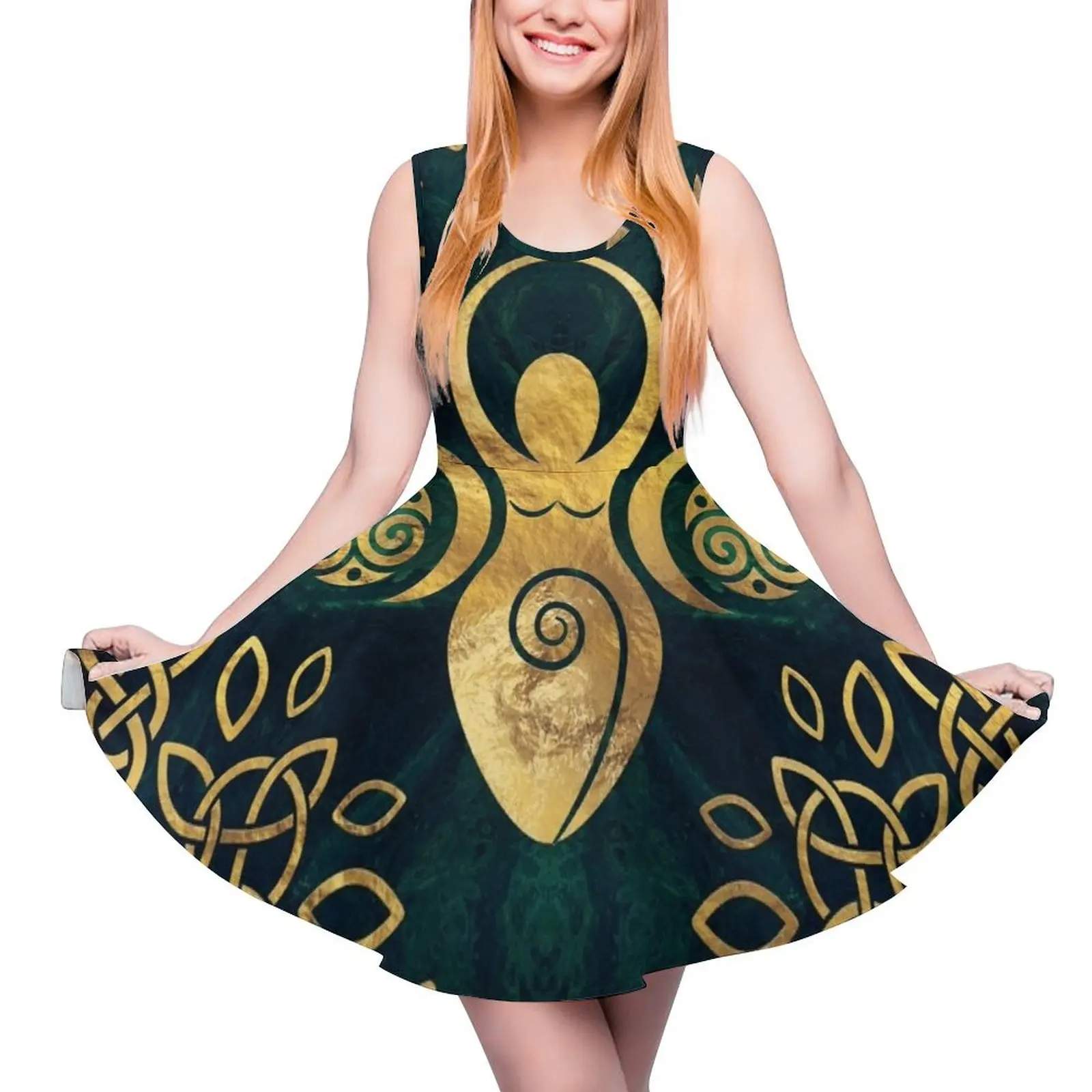 

Triple Goddess with triskele - gold on shimmer green Sleeveless Dress loose summer dress Women"s dress Female clothes