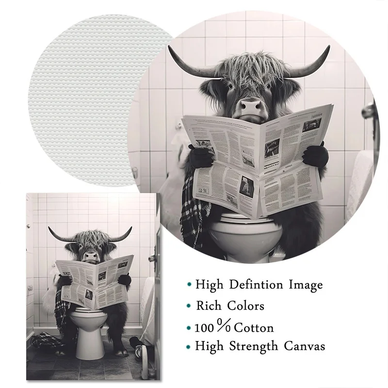 Funny Monkey Highland Cow Sitting on The Toilet Reading A Newspaper Poster Animal Canvas Painting And Print Bathroom Wall Decor