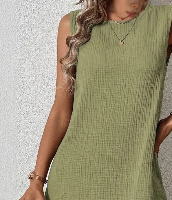 Women Round Neck Sleeveless Ruffles Hem Dress Casual Loose Fit Mini Dress