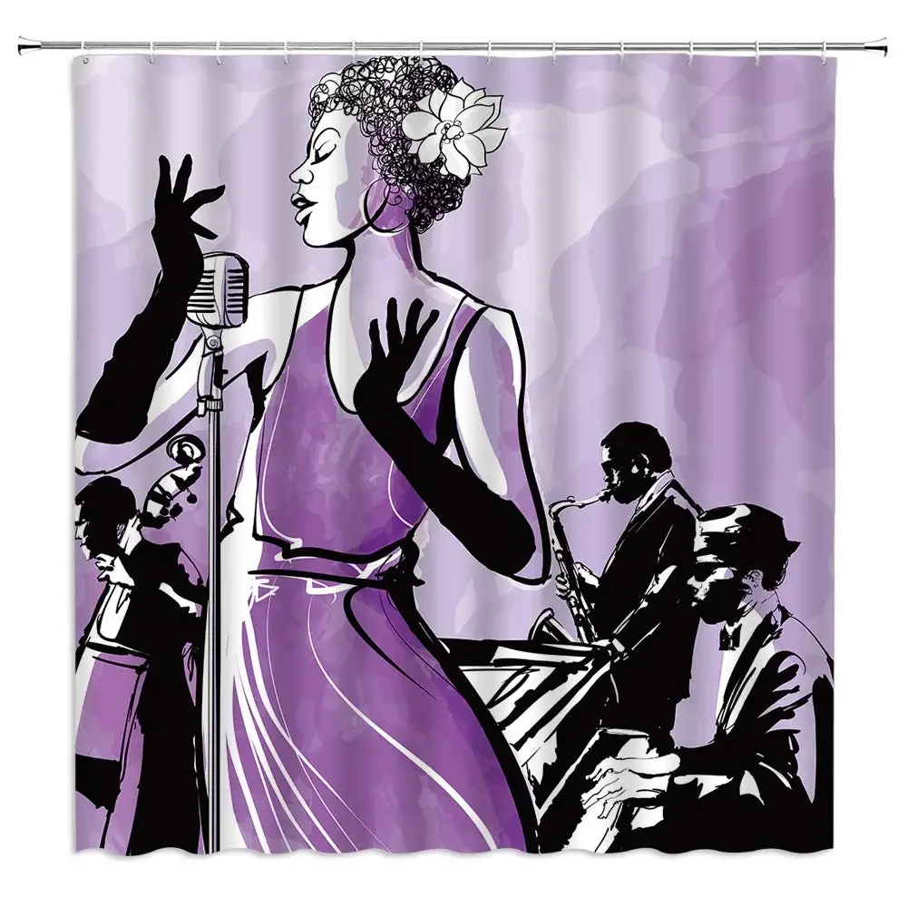 American Woman Jazz Shower Curtain African Black Girl Singing Jazzist Afrocentric  Art Grunge Style Bathroom Curtains Decor