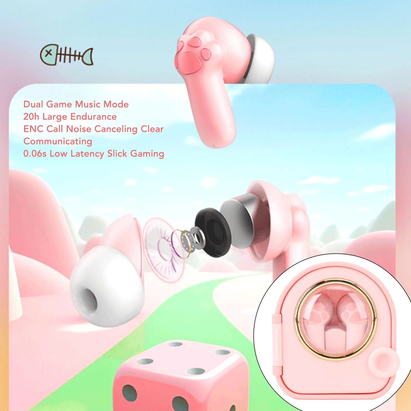 블루투스 이어폰 블루투스 이어 버드 인체 공학적 귀여운 고감도 마이크 음악 이어폰 소녀를위한 고양이 발톱