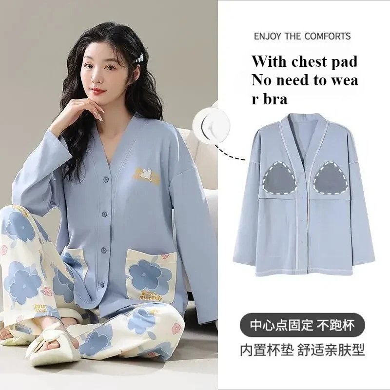 

With Chest Pads Pijama Mujer 100% Cotton Pijamas Women V-Neck Long Sleeves Cute Cartoon Loungewear 2pcs Fashion New