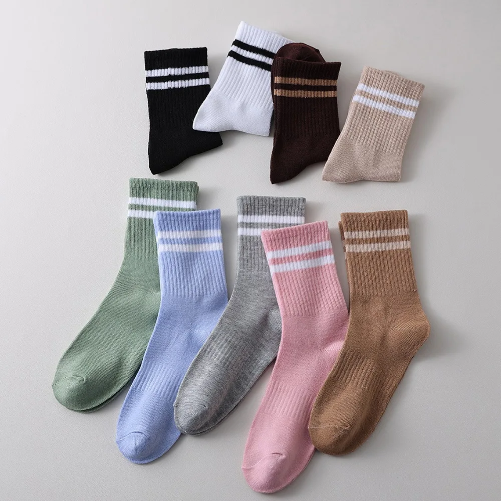 Womens Mid Calf Socks Spring Autumn Long Tube Striped Socks Non Slip Sole Preppy Style Outer Wear Sports Trendy Socks