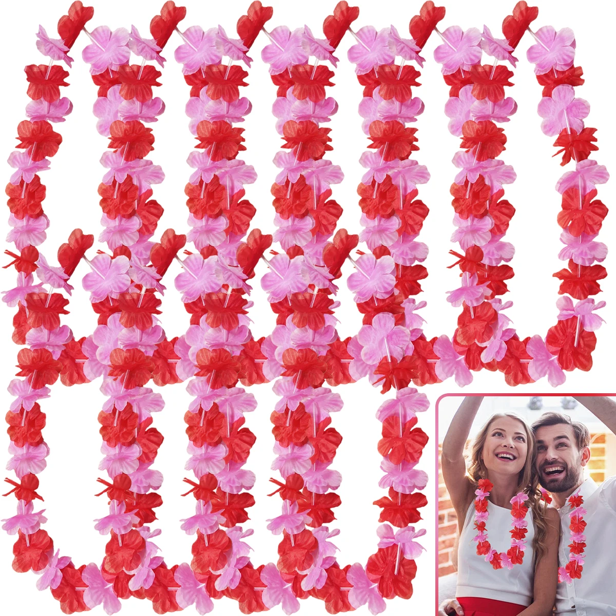 2/10Pcs Valentine's Day Neck Wreath Faux Flower Hawaiian Leis Pink Red Garland Valentines Leis Necklace for Date Beach Party