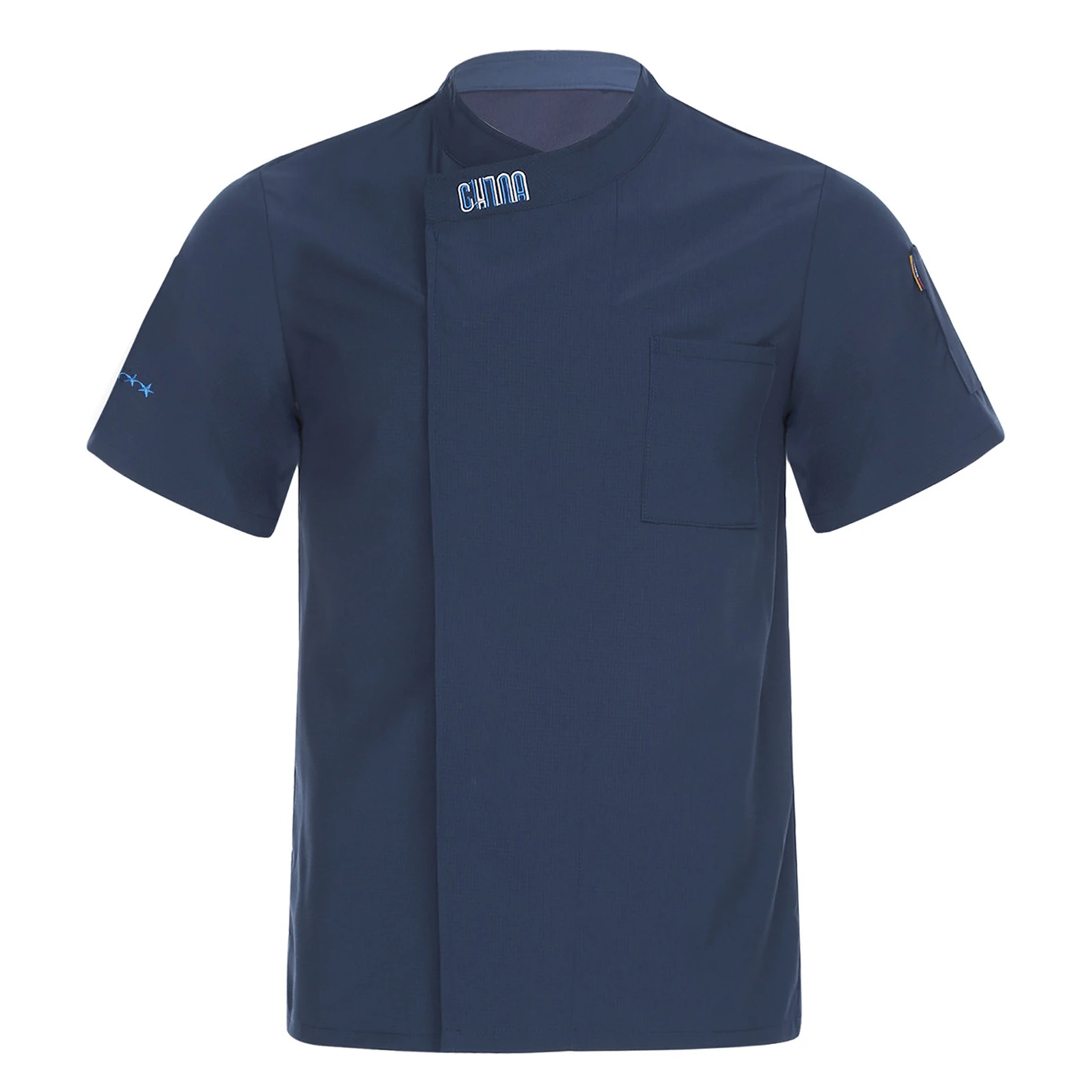 Veste de chef pour hommes et femmes, broderie en soie glacée, manches courtes, boutons, chemise de cuisinier, chemisier, vêtements de travail pour Restaurant, hôtel, cuisine