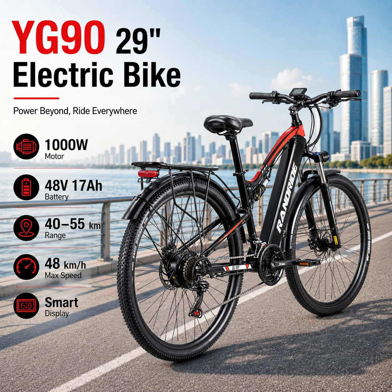 29 Inch Electric Bike for Adults 1000W Powerful Motor 48V 17Ah Battery Long Range E Bike Urban Commuter Bike Electric 21-Speed