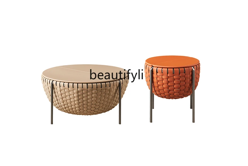 

Italian Simple Luxury round Tea Table Saddle Leather Leather Modern Creative Storage Table Designer Woven Stainless Steel Table