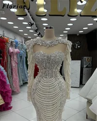 Sparkly Champagne Mermaid Evening Dresses Vestidos De Noche Beading Pearls Long Sleeves Party Dress Engagement Dress Customized