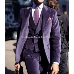 Purple Velvet Suits for Men 3 Piece Fashion Peak Lapel Single Breasted Male Suit Elegant Casual Formal Wedding Tuxedo Slim Fit