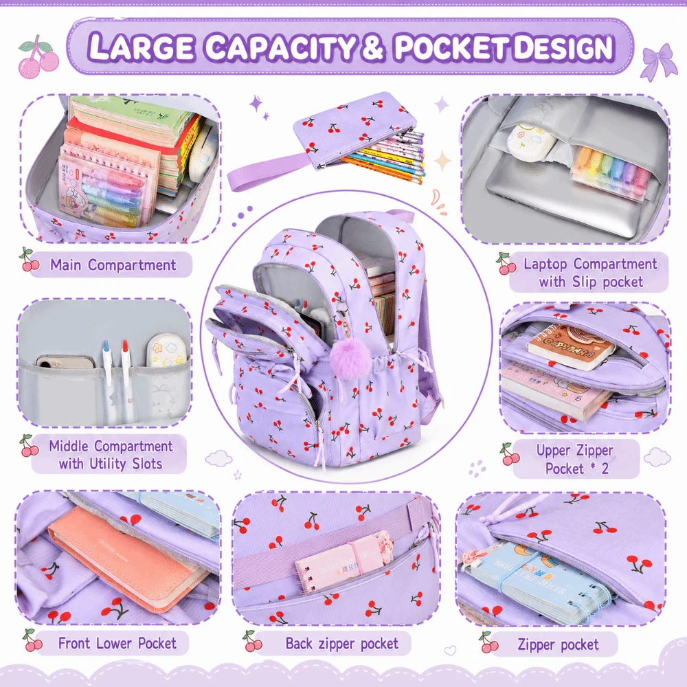 3PCS Cartoon Backpack,lunch Bag,Pencil Case Set Large Capacity 4Colors Bow-knot Schoolbag Set Corduroy Material Lightweight