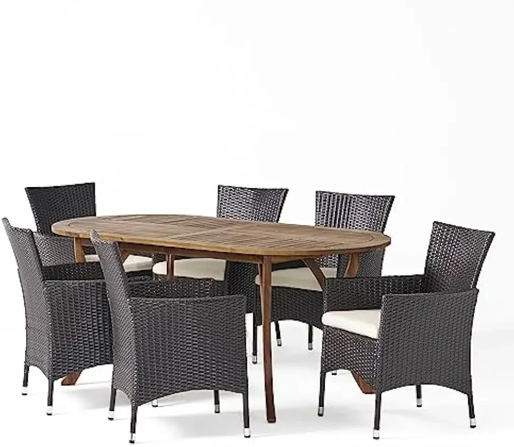 Wyatt Outdoor 7 Piece Acacia Wood and Wicker Dining Set, 23.25 