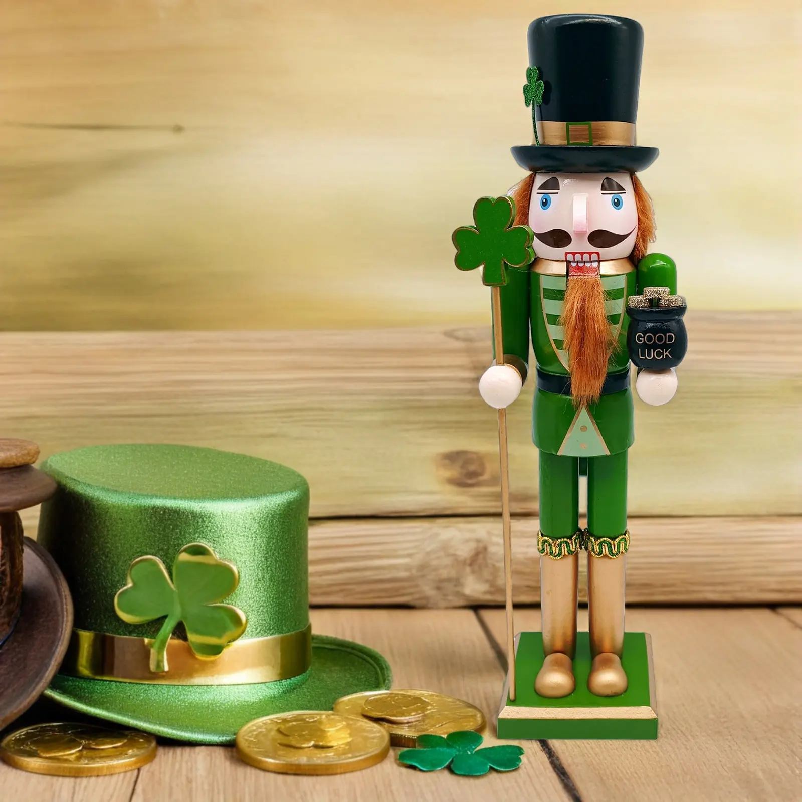 

15 Inch Wooden Irish Nutcracker Soldier with Shamrock Wand Green Festive Ornament for Christmas Saint Patrick's Day Table Mantel