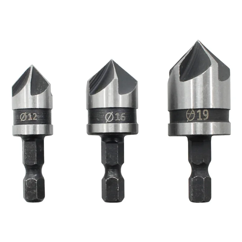 

90 Degrees Chamfer Drill Bit 12/16/19mm 5Flute Hex Woodworking Drill Bit Cutter Countersink Set Metal Drilling