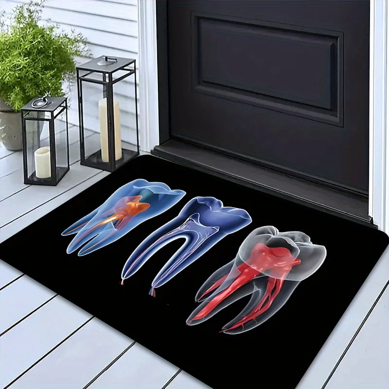 Deconstructive Dental Art Area Rug, Abstract Orange & Blue Floor Mat for Study & Lab, Non-Slip High Density Entry Carpet