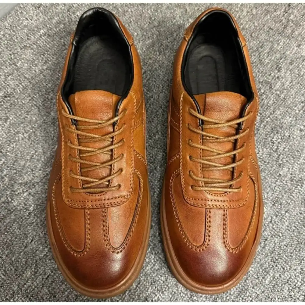 Caramel Brown Burnished Leather Casual Sneakers, with retro stitching and gum sole, stylish and comfortable,
