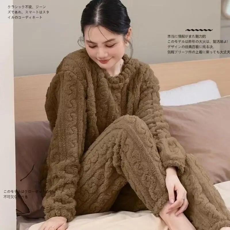 Сплошной цвет, женские пижамы, сохраняющие тепло, пижама из кораллового флиса для девочек, осень-зима, новая модель, одежда для сна, утепленная домашняя одежда, комплект из двух предметов