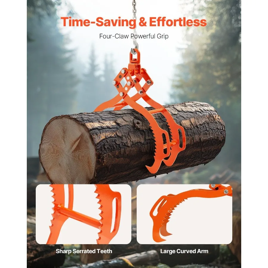 Pinça de elevação de toras de 28 polegadas, 4 garras, aço sólido, pinça giratória, ferramentas para toras