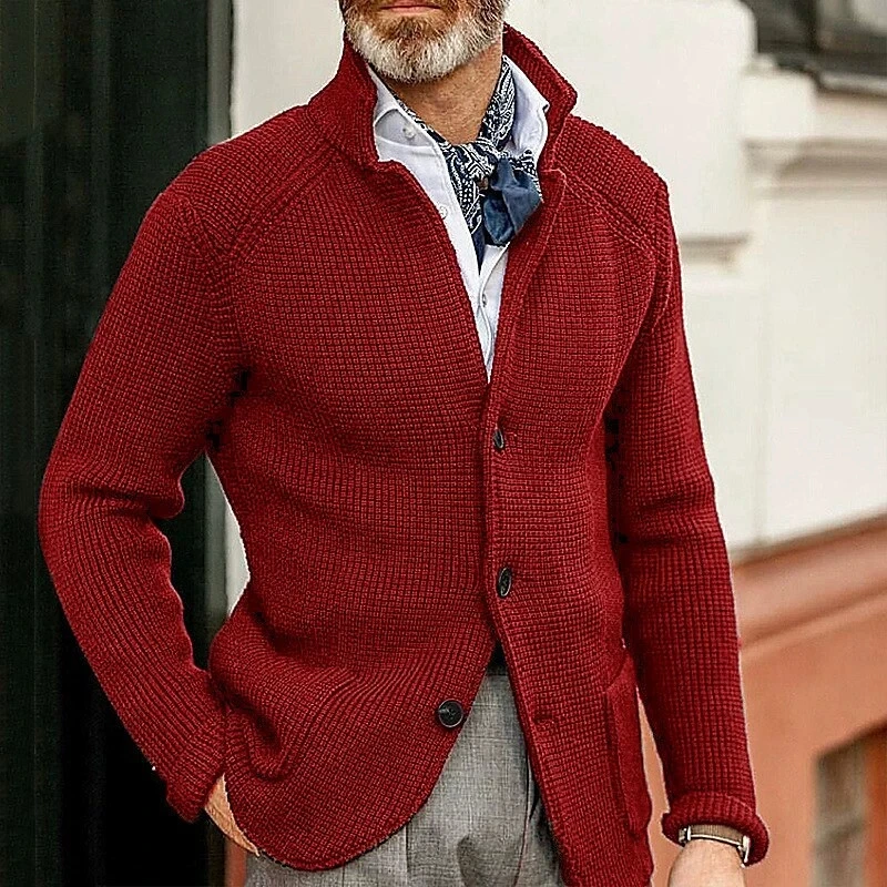 

Autumn and winter new men's knitted cardigan long sleeved stand up collar solid color button cardigan jacket men's clothing