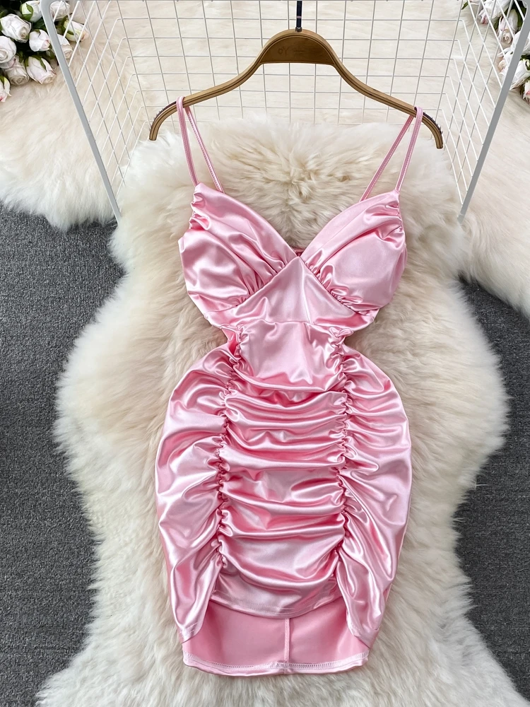 Zomer Pure Desire Sexy V-hals Taille-cinching Slim Fit Acetaat Satijn Wrap rond Band Dr vrouwen ort Rok Hoge Taille