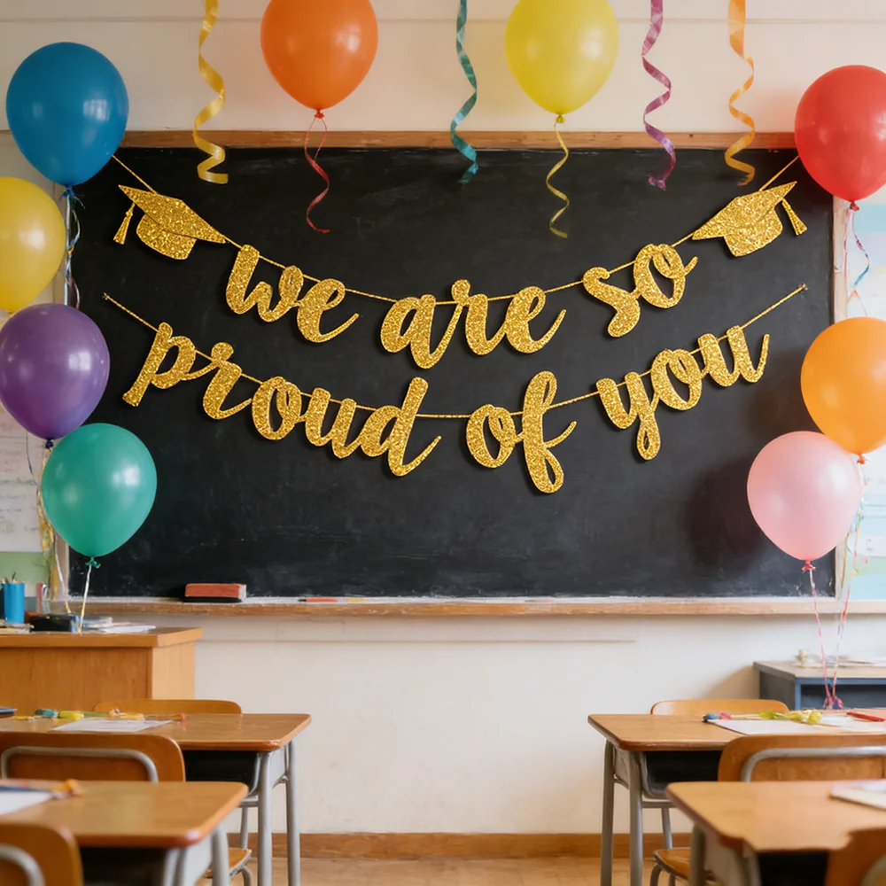 Banderola 'Estamos Muy Orgullosos de Ti', Guirnalda de Papel Brillante, Letreros Colgantes Dorados y Negros, Decoraciones para Fiesta de Graduación, Artículos para Celebración