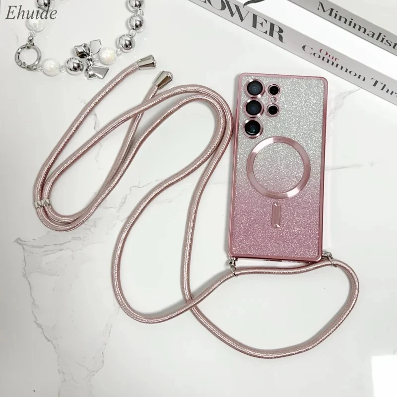 Strap Magnetic Case For Samsung S26 Ultra Galaxy S24 S25 FE S22 S23 Plus A56 Wireless Glitter Plating Crossbody Lanyard Cover