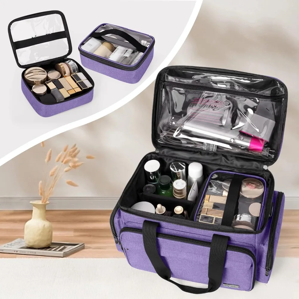 

Large Makeup Bag with 2 Removable Pouches and Detachable Dividers