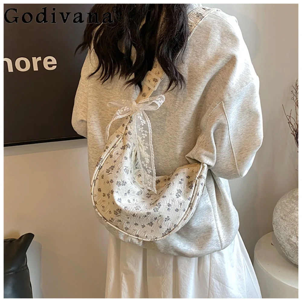 Summer Floral Canvas Girl Japanese Shoulder Bags Large Capacity Dumpling Crossbody Bag Women's Handbag