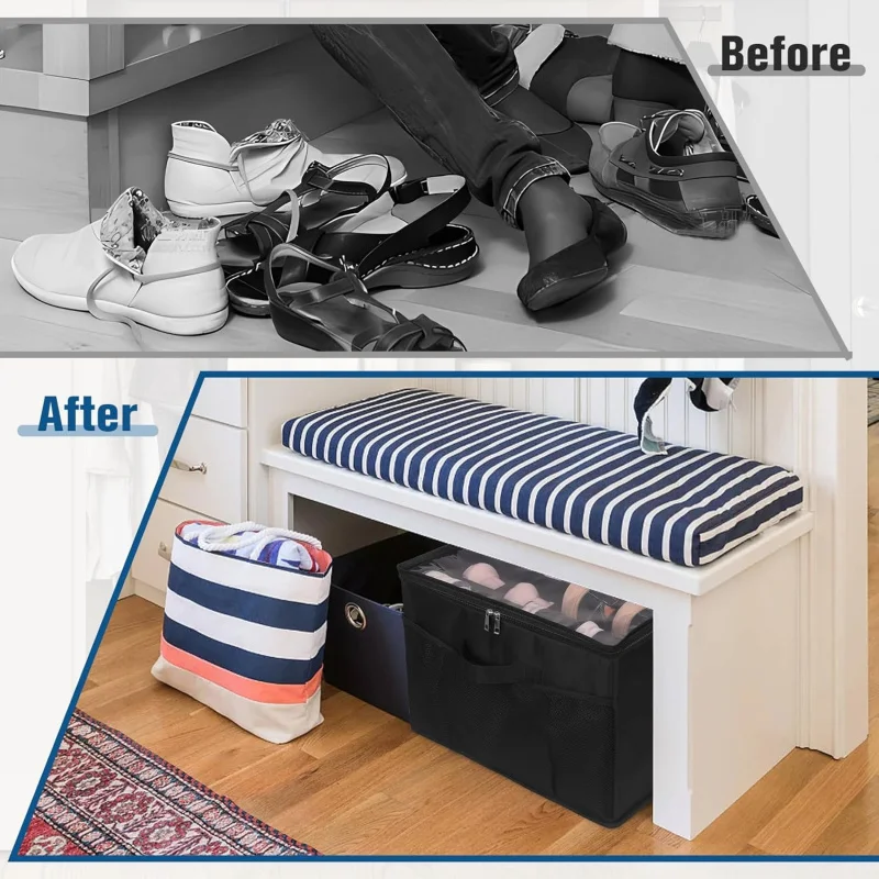 折りたたみ式シューズオーガナイザークローゼット、輸送カバー付き靴収納コンテナ、省スペースブラックシューズボックスオーガナイザーフィット16P