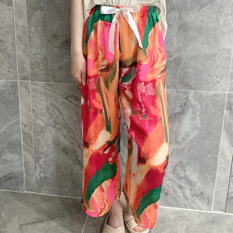 Silk Women Pajama Pant Summer Spring Long Pant Ladies Home Pant Thin Floral Print Satin Loose Sleepwear For Female 2024