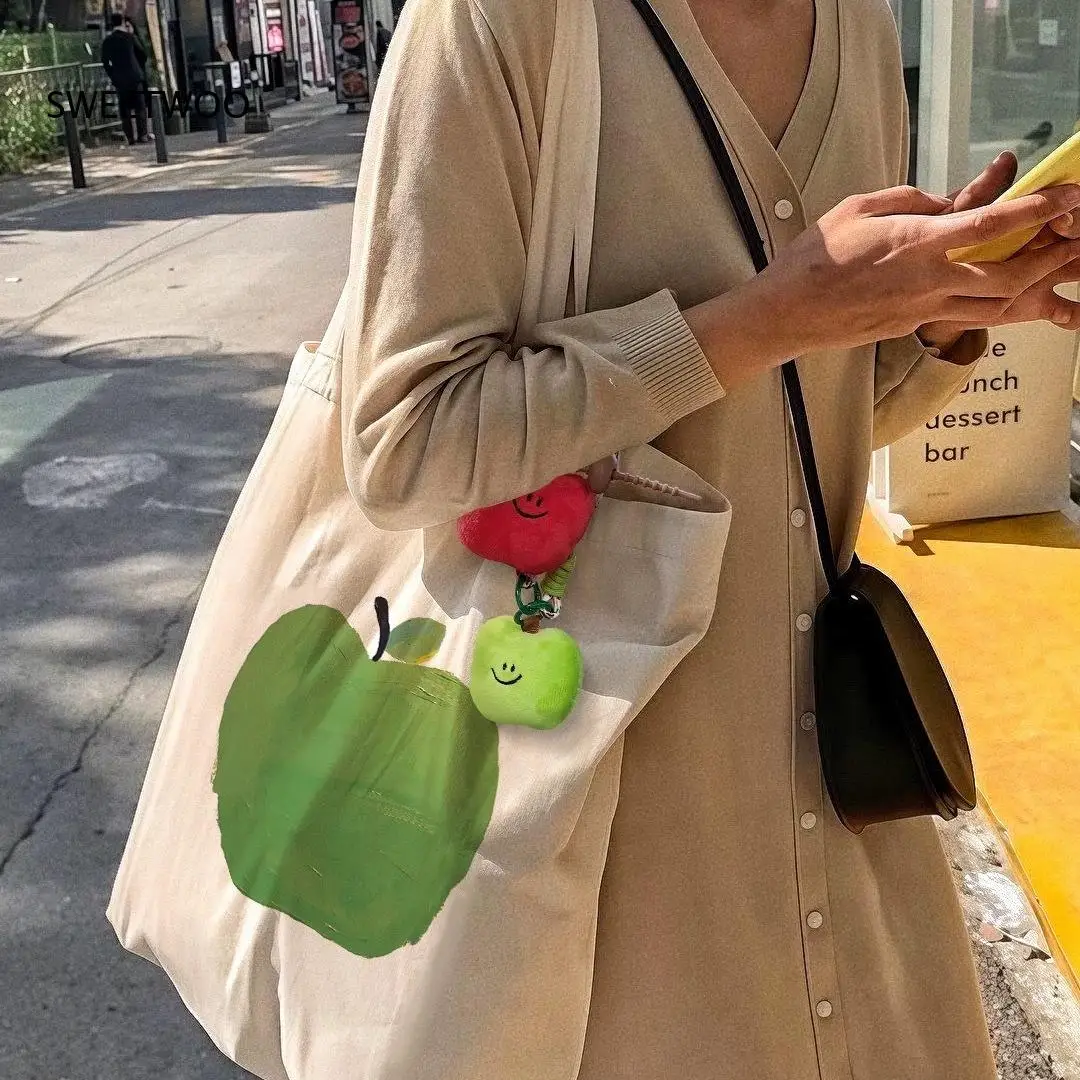 2026 Apple Print Canvas Tote Bag Large Capacity Shoulder Bag Student School Daily Bag