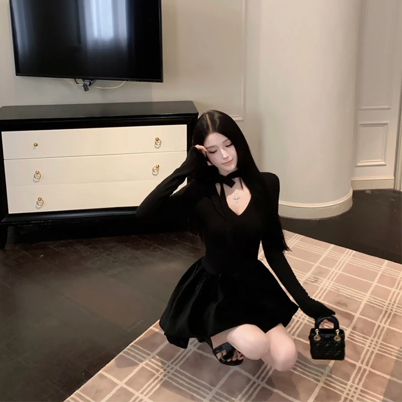 Vintage Zwarte Mini Jurk Vrouwen Elegant Party Prom Bow Lace Up Bud Jurken Koreaanse Sexy V-hals Lange Mouw Bodycon A-lijn Vestidos