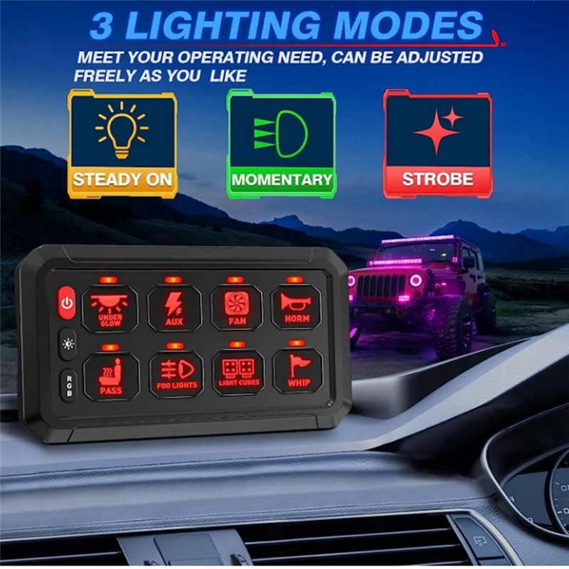 

8 Gangs Universal Led Switch Panel APP Control Adjustable RGB Colors Brightness Multifunction For Car Truck Offroad RV