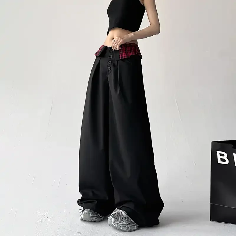 

Брюки женские свободного кроя в стиле пэчворк с высокой талией, на пуговицах, весна-осень, винтажные, прямые, широкие штанины