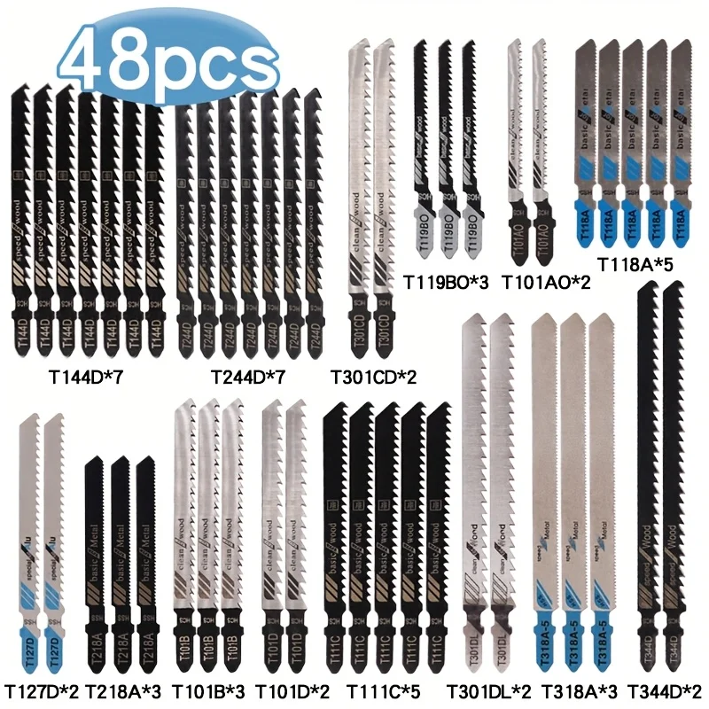 48 Pcs Woodworking Scroll Saw Blade Set - Coarse Teeth Blades for Cutting Solid Wood, Aluminum, and Plastic - Drill Accessories