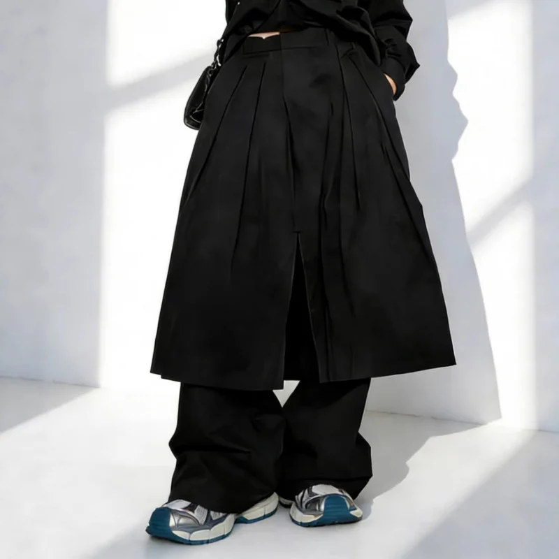 New men's wide-leg casual pants, loose straight high-waisted trousers, dark style trendy skirt-pants A01