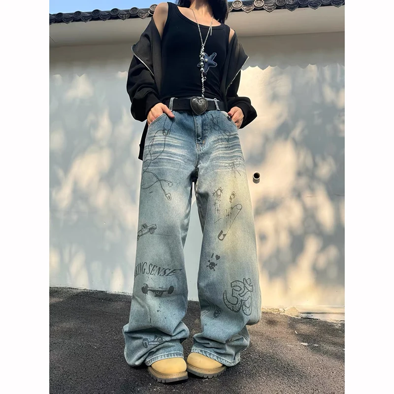 

ZHIZOU женские синие мешковатые джинсы с буквенным принтом Y2k, стильные джинсовые брюки 2000-х годов, винтажные джинсы в стиле Харадзюку, оверсайз, хип-хоп, брюки, осень
