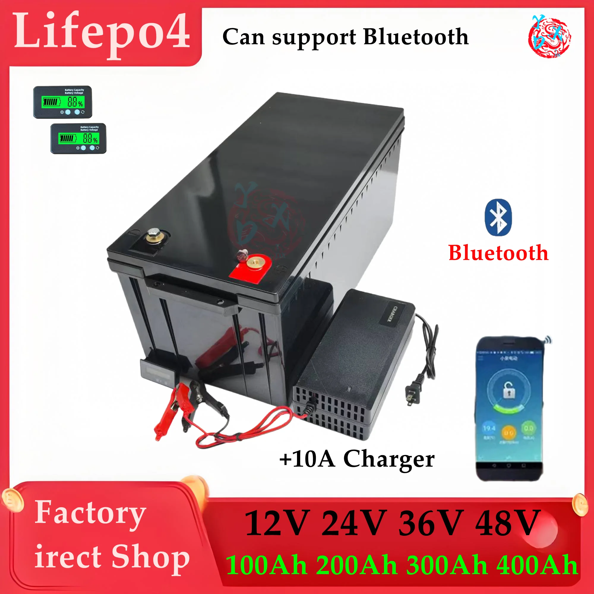 12V 24V 36V 48V 100AH 150Ah 200AH 300Ah 400Ah lifepo4 lithium battery bluetooth BMS APP for solar inverter EV Fishing boat