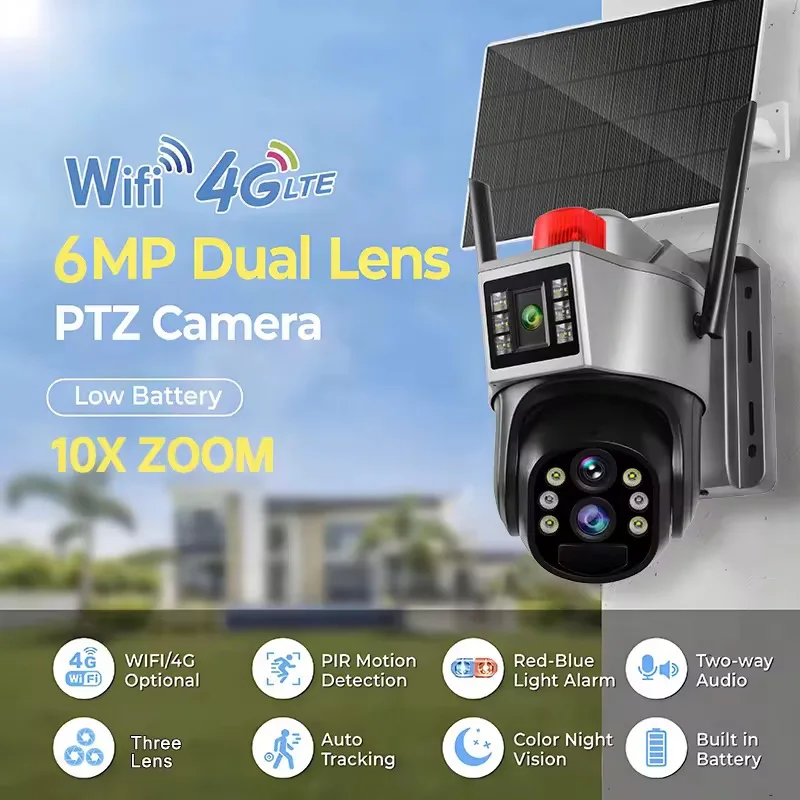 6MP Three Screen 10x Zoom 4G Wifi Dual Panel Outside Camera AI Humanoid Detection Color Night Vision Solar Cctv Camera
