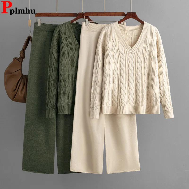 Fall Winter New Knitted 2 Pieces Sets Women V-neck Long Sleeve Knitwears Sweater Tops Conjuntos High Waist Wide Leg Pants Outfit